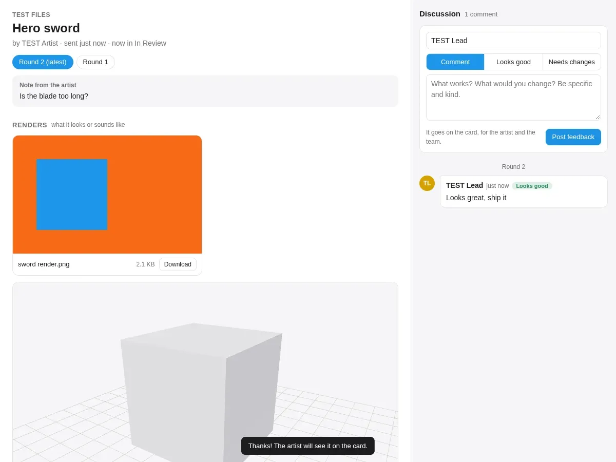 Art critique page with the render on the left, a 3D model in the viewer below it, and the feedback discussion on the right