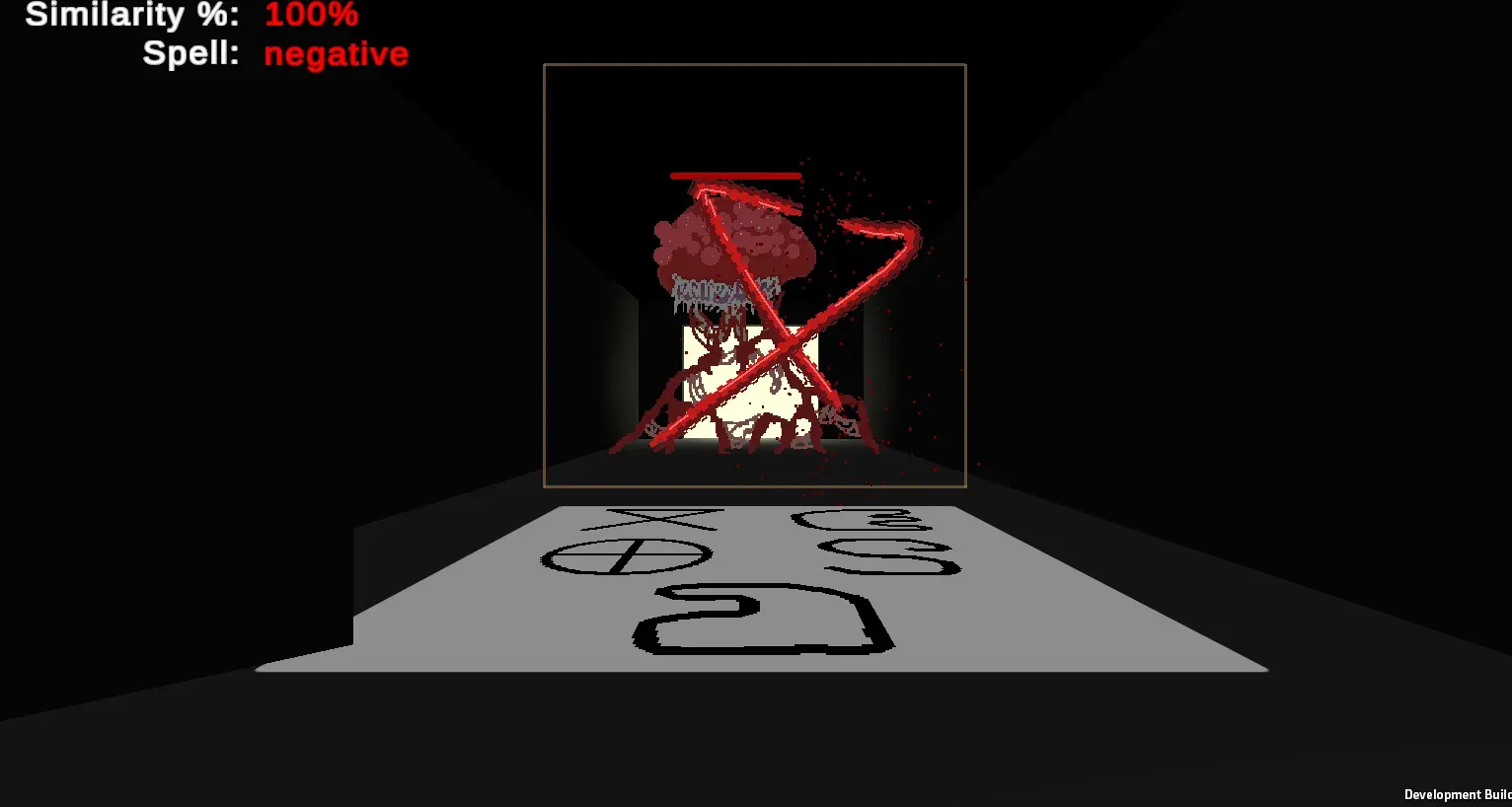 A first-person dungeon corridor with a square drawing box in the center, a red rune stroke drawn over a creature, and a similarity percentage and spell name in the top-left corner